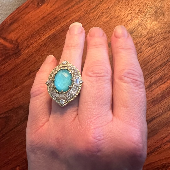 EUC Judith Ripka 14K Gold Clad Turquoise Doublet and Diamonique Cocktail Ring - Picture 13 of 14